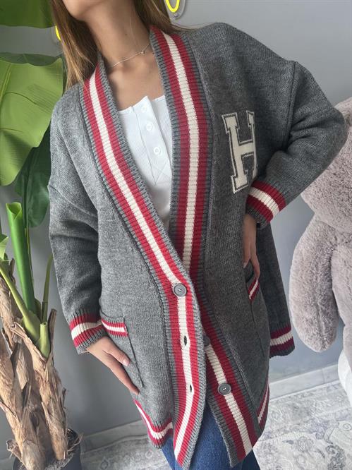 cardigan maxiintarsio h stile college grigio bianco e rosso