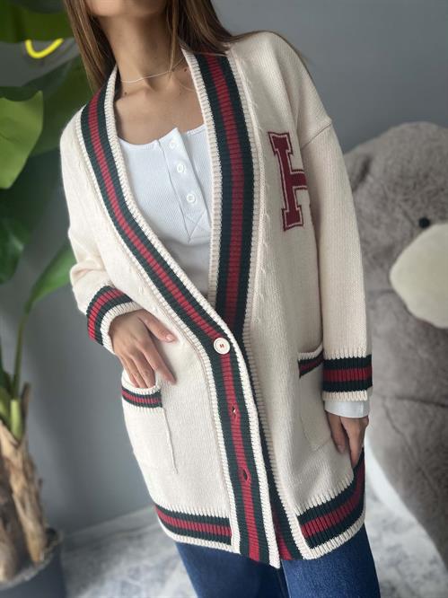 cardigan intarsio panna  lungo modello college con h