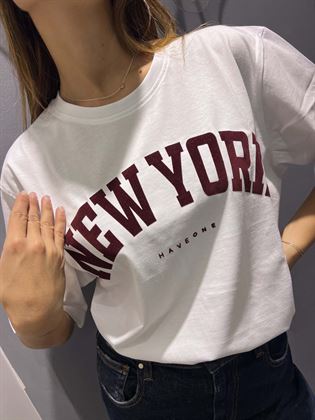 t shirt bianca scitta newyork in bordeaux mezza manica cotone