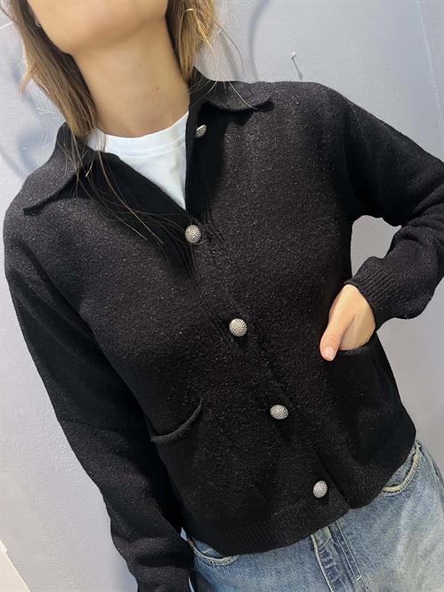 cardigan colletto polo nero bottoni gioiello