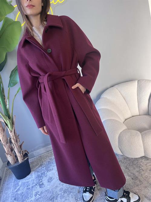 Cappotto lungo modello loden burgundy con cintura