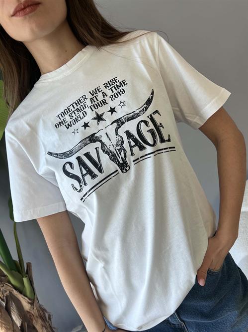  T-Shirt bianca girocolo stampa savage