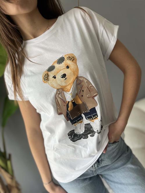 T-Shirt bianca girocollo con stampa orsetto e applicazioni