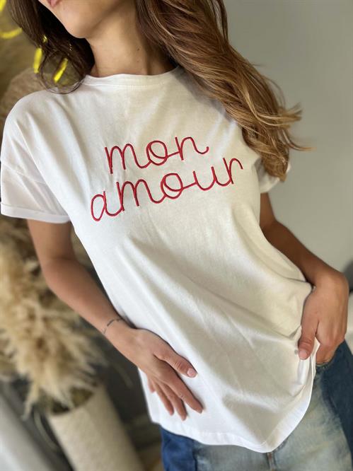  T-Shirt bianca girocollo con ricamo amour rosso