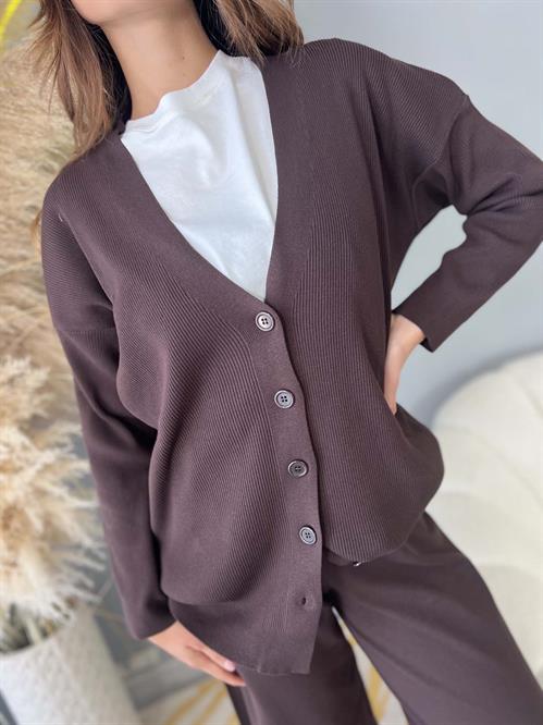 cardigan con bottoni scolo v  marrone cacao a coste