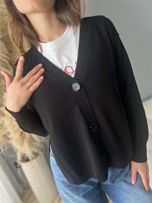 cardigan nero  bottoni in cotone con spacco laterale